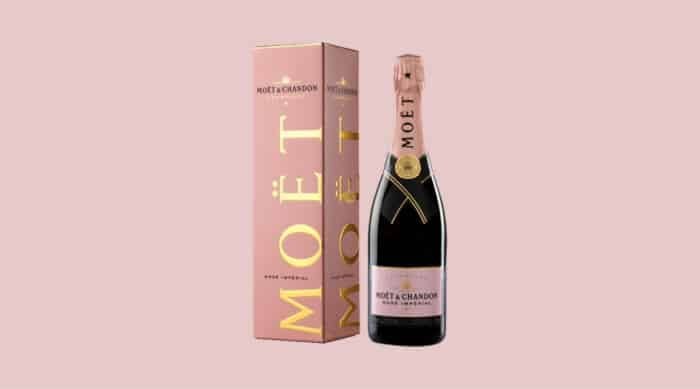 The Moet & Chandon pink champagne is made with 40 to 50% Pinot Noir, 30 to 40% Pinot Meunier, and 10 to 20% Chardonnay.