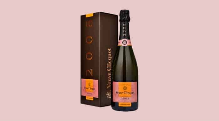 Veuve Clicquot&#x27;s prestige Cuvée Champagne is a beautiful pink gold with a light copper pink hue.
