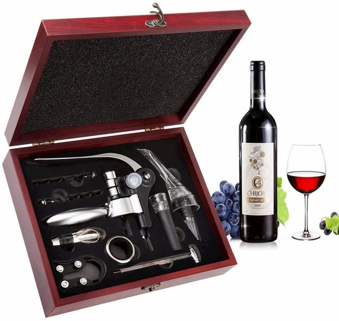 Pack a meaningful gift box for a wine aficionado, including handy wine accessories like a corkscrew, wine opener, wine foil cutter, wine carrier, bottle stopper, and a wine aerator.