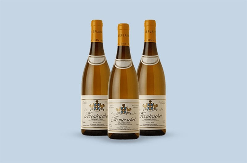 The fresh, vibrant Domaine Leflaive Montrachet Grand Cru Chardonnay from Cote de Beaune, Burgundy, is firmly structured with a citrus-tinged acidity, retaining a graceful, persistent finish