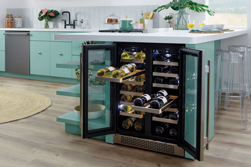 A built-in or undercounter wine cooler can blend into your kitchen’s interior or in your home bar. 