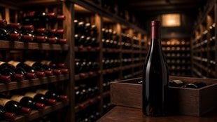 Aged fine wine bottles stored in a temperature-controlled cellar, with one bottle and a wooden case in the foreground