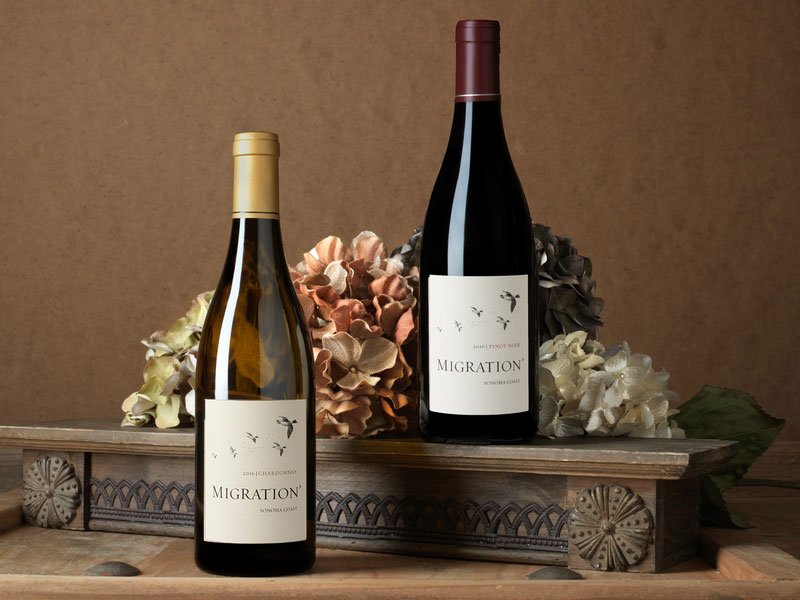 Migration Pinot Noir and Chardonnay, produced by Duckhorn wine.